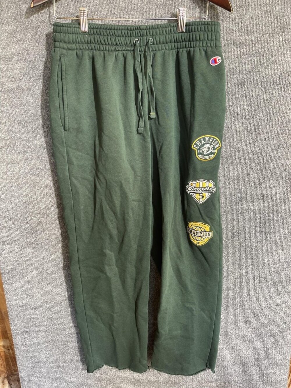 Champion Pants Mens Small Green Fleece Sweatpants Elastic Waist Graphic Logos